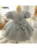 Lovely Grey Tulle Silver Sequined Flower Girl Dress with Bow