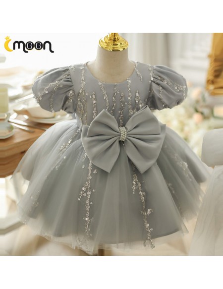 Lovely Grey Tulle Silver Sequined Flower Girl Dress with Bow