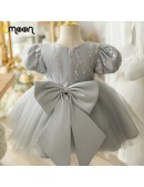 Lovely Grey Tulle Silver Sequined Flower Girl Dress with Bow