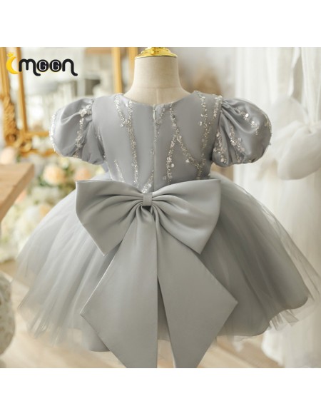 Lovely Grey Tulle Silver Sequined Flower Girl Dress with Bow