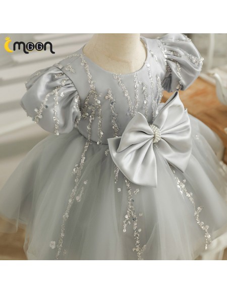 Lovely Grey Tulle Silver Sequined Flower Girl Dress with Bow