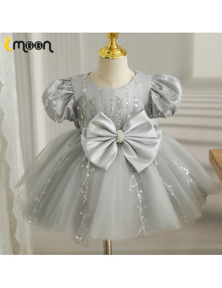 Lovely Grey Tulle Silver Sequined Flower Girl Dress with Bow