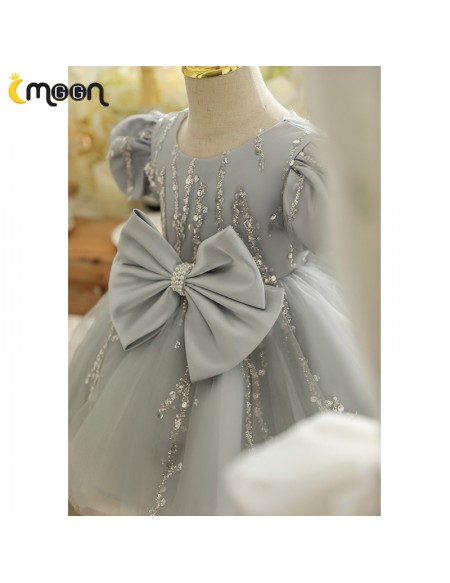 Lovely Grey Tulle Silver Sequined Flower Girl Dress with Bow