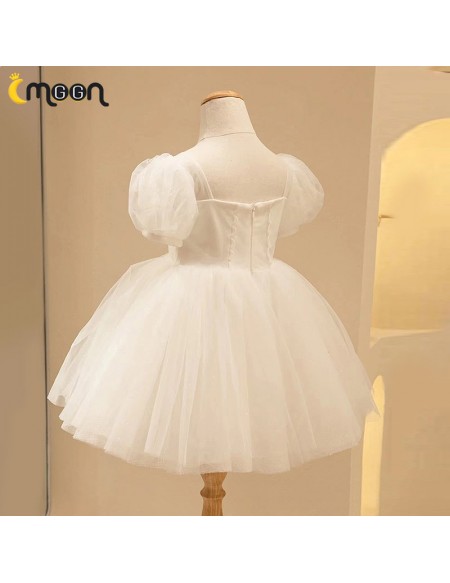 Simple Tulle Flower Girl Dress Square Neckline with Sleeves