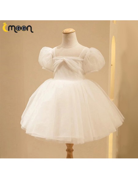 Simple Tulle Flower Girl Dress Square Neckline with Sleeves