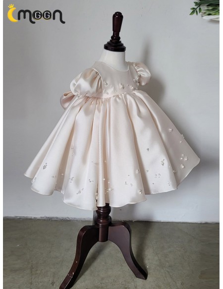 Cute Ballgown Satin Champagne Flower Girl Dress with Pearl Beadings
