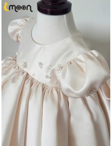 Cute Ballgown Satin Champagne Flower Girl Dress with Pearl Beadings
