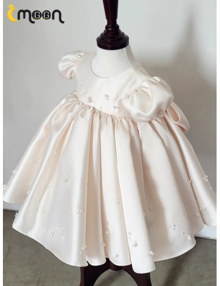 Cute Ballgown Satin Champagne Flower Girl Dress with Pearl Beadings