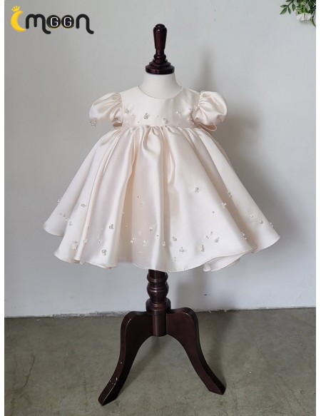 Cute Ballgown Satin Champagne Flower Girl Dress with Pearl Beadings