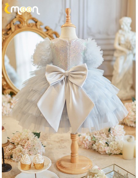 Grey Sequined Layered Tutu Flower Girl Dress for Parties