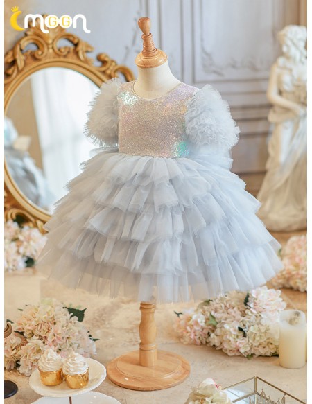 Grey Sequined Layered Tutu Flower Girl Dress for Parties
