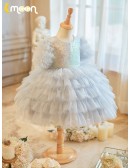Grey Sequined Layered Tutu Flower Girl Dress for Parties