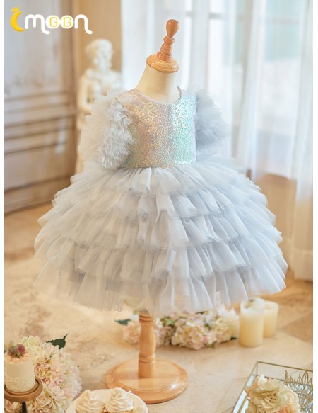 Grey Sequined Layered Tutu Flower Girl Dress for Parties