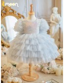 Grey Sequined Layered Tutu Flower Girl Dress for Parties