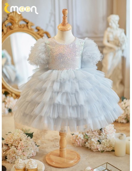 Grey Sequined Layered Tutu Flower Girl Dress for Parties