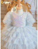 Grey Sequined Layered Tutu Flower Girl Dress for Parties