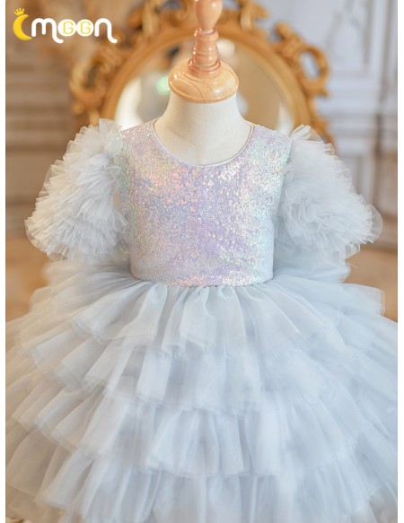 Grey Sequined Layered Tutu Flower Girl Dress for Parties