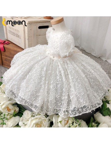 Cute Baby White Lace Toddler Flower Girl Dress with Sleeves