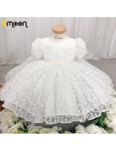 Cute Baby White Lace Toddler Flower Girl Dress with Sleeves