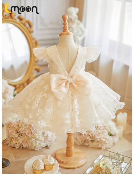 Beautiful Lace Tulle Flower Girl Dress with Pearls Neckline