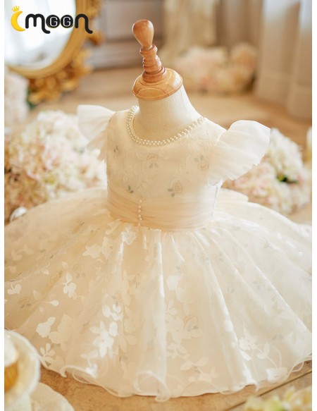 Beautiful Lace Tulle Flower Girl Dress with Pearls Neckline