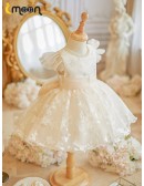 Beautiful Lace Tulle Flower Girl Dress with Pearls Neckline