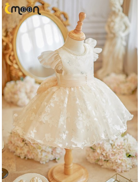 Beautiful Lace Tulle Flower Girl Dress with Pearls Neckline