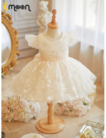 Beautiful Lace Tulle Flower Girl Dress with Pearls Neckline