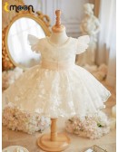 Beautiful Lace Tulle Flower Girl Dress with Pearls Neckline