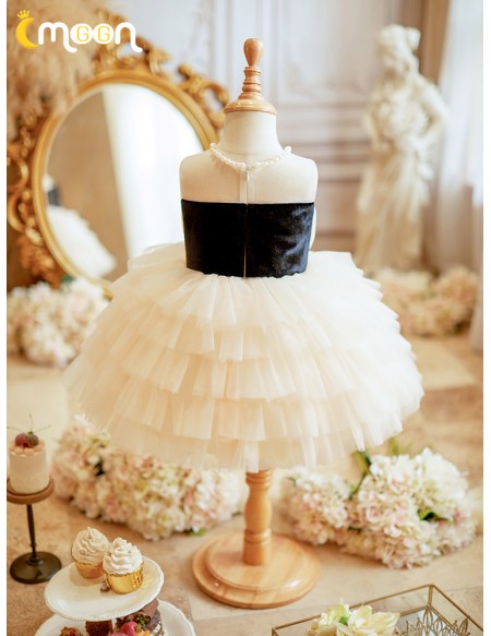 Big Bow Tutus Tulle Flower Girl Dress with Pearls Neckline