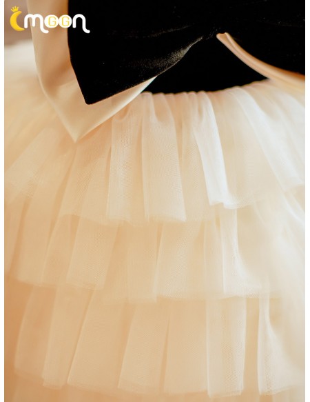Big Bow Tutus Tulle Flower Girl Dress with Pearls Neckline