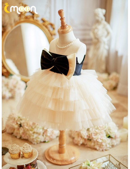 Big Bow Tutus Tulle Flower Girl Dress with Pearls Neckline