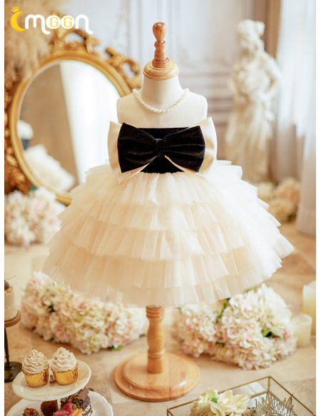 Big Bow Tutus Tulle Flower Girl Dress with Pearls Neckline