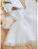 Princess Tulle Ballgown Sequined Flower Girl Dress with Sleeves