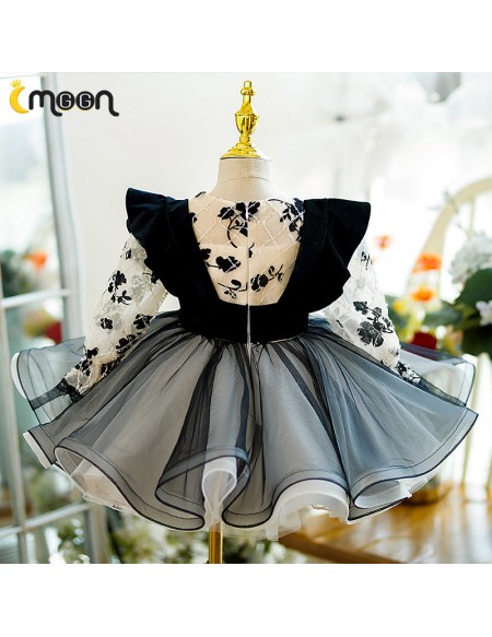 Black Ruffled Tulle Unique Long Sleeved Party Dress for Girls
