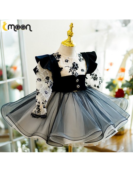 Black Ruffled Tulle Unique Long Sleeved Party Dress for Girls