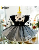 Black Ruffled Tulle Unique Long Sleeved Party Dress for Girls