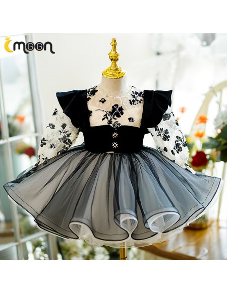 Black Ruffled Tulle Unique Long Sleeved Party Dress for Girls