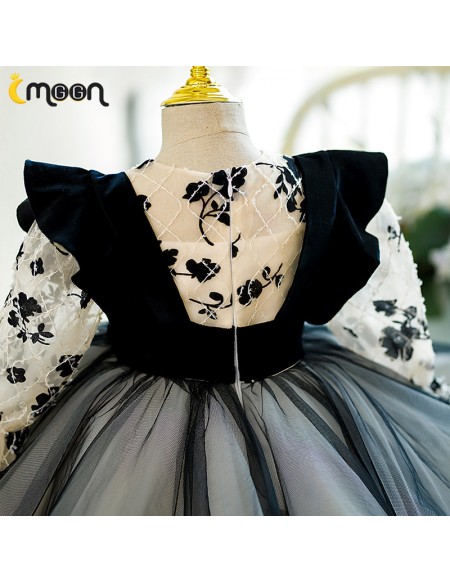 Black Ruffled Tulle Unique Long Sleeved Party Dress for Girls
