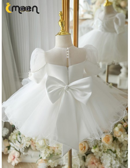 Couture White Tulle Ruffled Flower Girl Dress with Bubble Sleeves