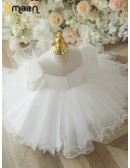 Couture White Tulle Ruffled Flower Girl Dress with Bubble Sleeves