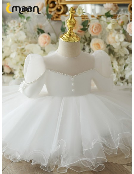 Couture White Tulle Ruffled Flower Girl Dress with Bubble Sleeves