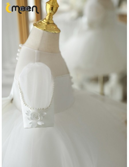 Couture White Tulle Ruffled Flower Girl Dress with Bubble Sleeves