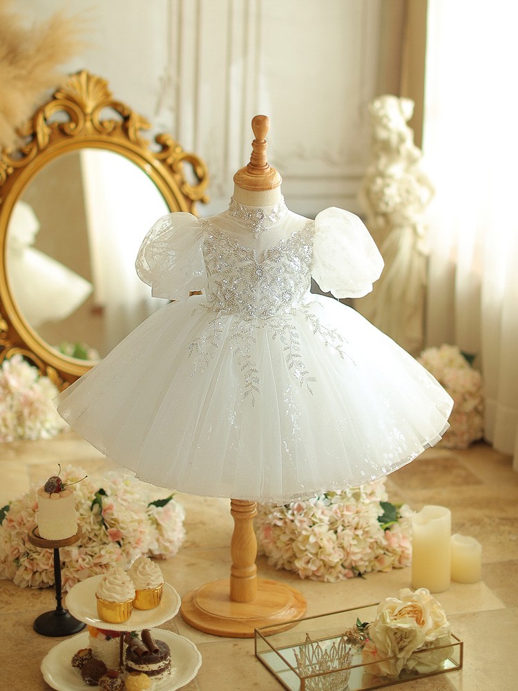 Princess Ball Gown Puffy Satin Flower Girl Dress with Sequins and Bowknot in White