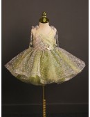 Unique Green Tutu Tulle Rustic Wedding Flower Girl Dress with Flowers