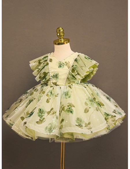Green Flower Prints Toddler Flower Girl Dress for Rustic Wedding