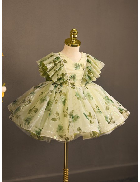 Green Flower Prints Toddler Flower Girl Dress for Rustic Wedding