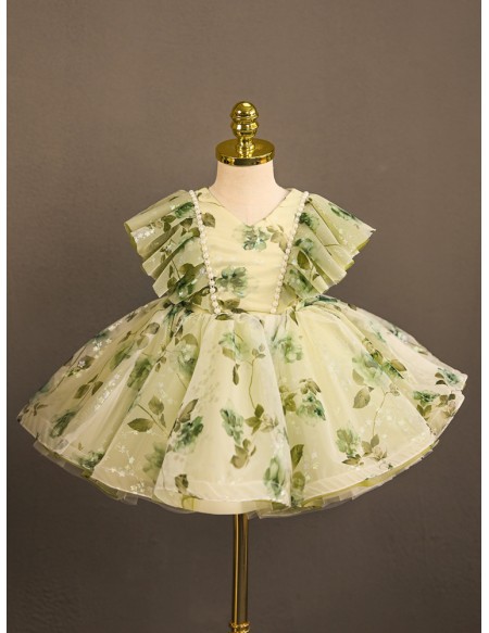 Green Flower Prints Toddler Flower Girl Dress for Rustic Wedding