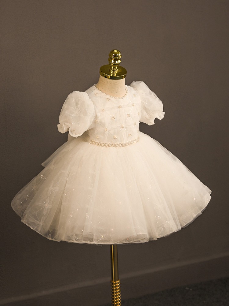 White Tulle A-Line Flower Girl Dress with Back Bow