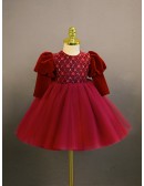 Burgundy Tulle with Sleeves Girls formal Dress with Beadings